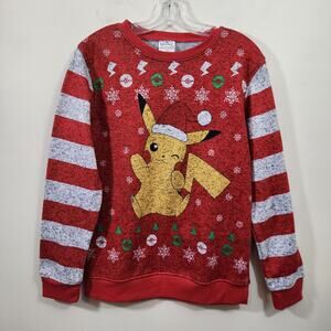 Pokemon PIKACHU‎ Christmas with striped sleeves pullover sweatshirt Youth sz XL